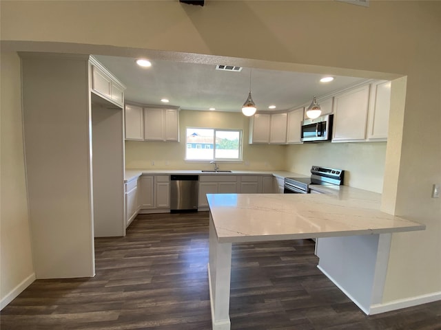 9 Flounder Cir, Freeport, TX 77541 - kitchen with appliances with stainless steel finishes, a peninsula, dark wood-type flooring, recessed lighting, and light stone counters