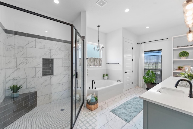 full bath featuring visible vents, double vanity, a sink, a shower stall, and a garden tub