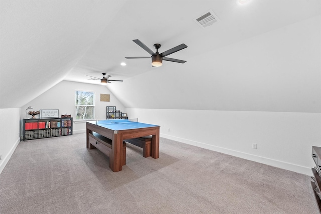 rec room featuring vaulted ceiling, carpet flooring, baseboards, and visible vents