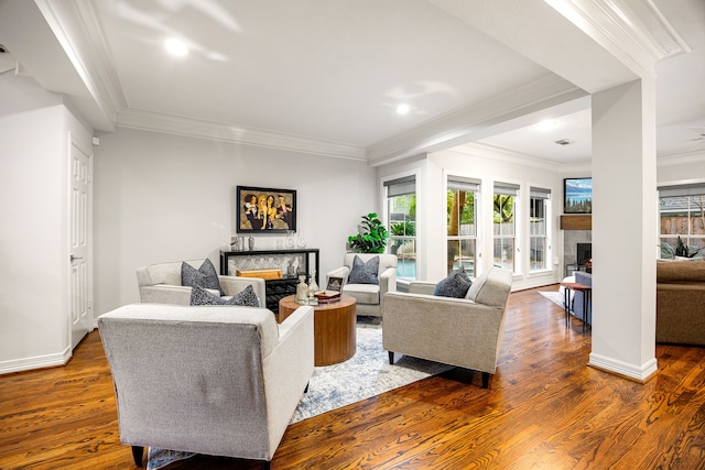 living area with ornamental molding, a fireplace, baseboards, and wood finished floors