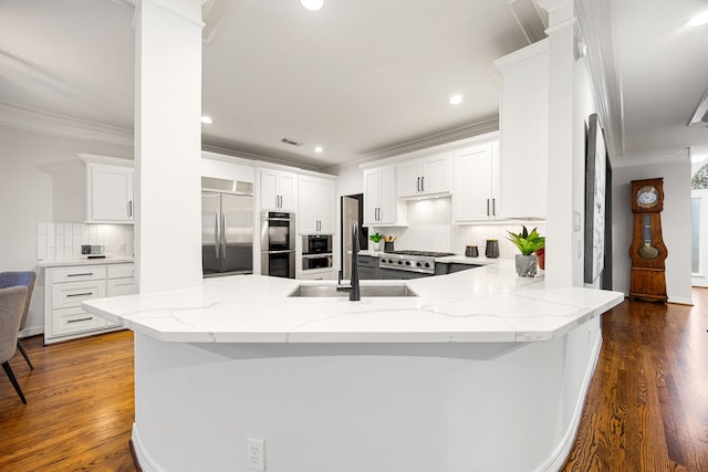 kitchen featuring a sink, dark wood-style floors, appliances with stainless steel finishes, a peninsula, and crown molding