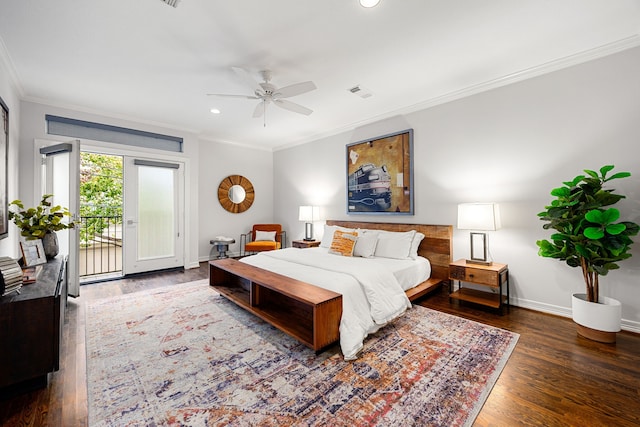 bedroom with access to exterior, baseboards, visible vents, and ornamental molding