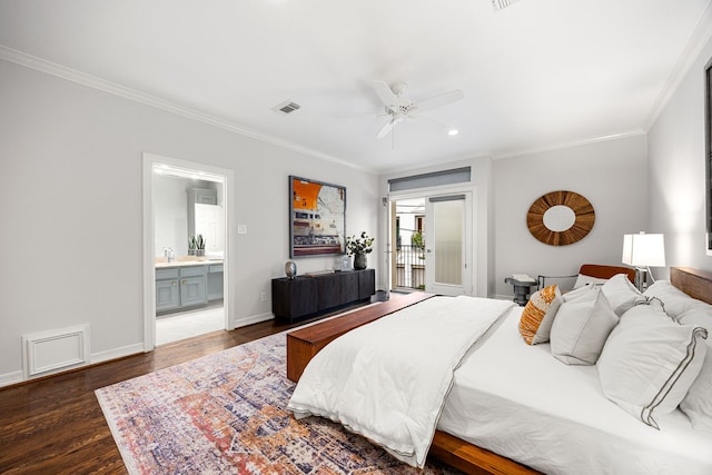 bedroom featuring visible vents, baseboards, ornamental molding, wood finished floors, and access to outside