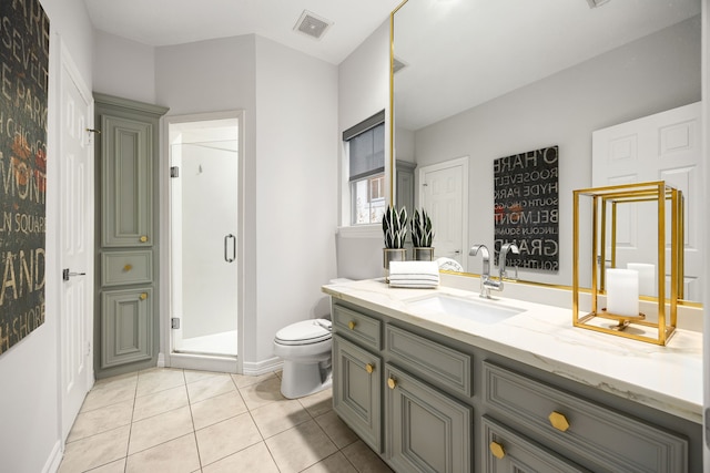 bathroom with visible vents, toilet, a stall shower, tile patterned flooring, and vanity