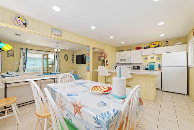 dining area featuring recessed lighting, visible vents, light tile patterned flooring, and a ceiling fan