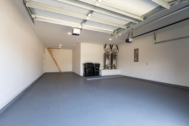 garage featuring electric panel, baseboards, a garage door opener, and water heater