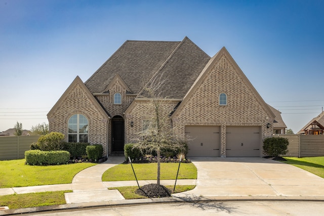 view of front of home featuring fence, concrete driveway, a front lawn, a garage, and brick siding