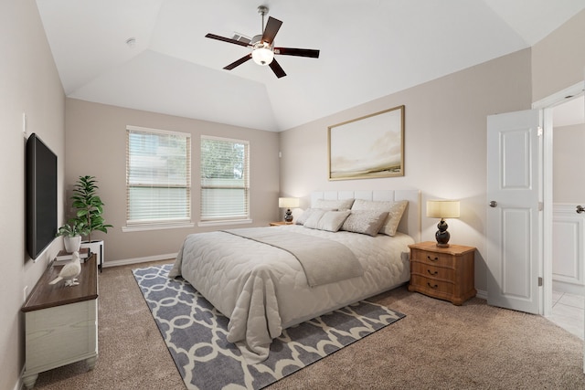 bedroom featuring baseboards, carpet floors, ceiling fan, and vaulted ceiling