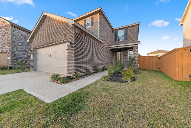 traditional-style house with brick siding, an attached garage, a front lawn, fence, and driveway