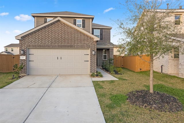 traditional-style home with brick siding, an attached garage, concrete driveway, and fence