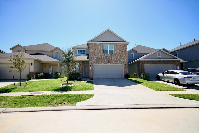 view of front of home with brick siding, a garage, driveway, and a front yard