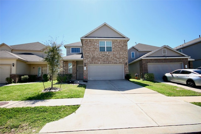 view of front of home featuring brick siding, an attached garage, concrete driveway, and a front lawn