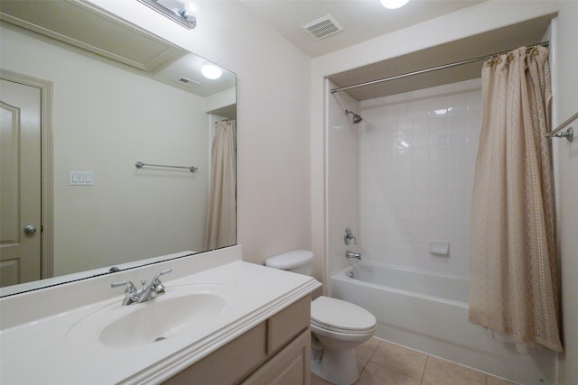 full bathroom featuring visible vents, toilet, tile patterned flooring, shower / bath combination with curtain, and vanity