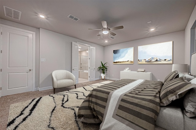 bedroom with visible vents, recessed lighting, carpet flooring, and baseboards