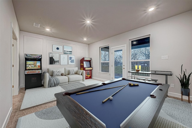 playroom with visible vents, baseboards, carpet, recessed lighting, and billiards