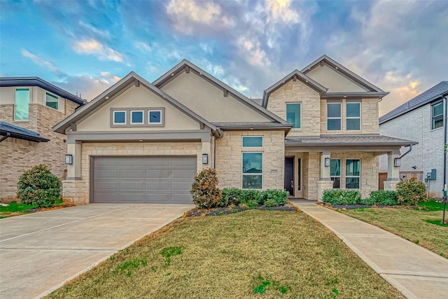 craftsman house featuring a front lawn, concrete driveway, stone siding, and stucco siding