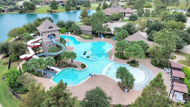 drone / aerial view with a water view