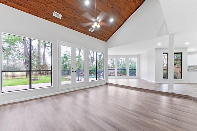 unfurnished living room featuring wood ceiling, wood finished floors, visible vents, and high vaulted ceiling