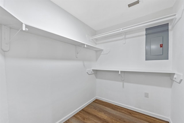 walk in closet with electric panel, wood finished floors, and visible vents