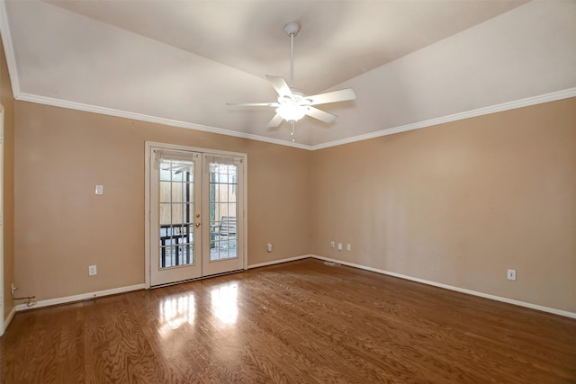 unfurnished room with baseboards, ornamental molding, french doors, wood finished floors, and a ceiling fan