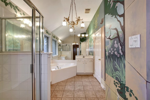 full bath featuring visible vents, a garden tub, a stall shower, a notable chandelier, and vanity