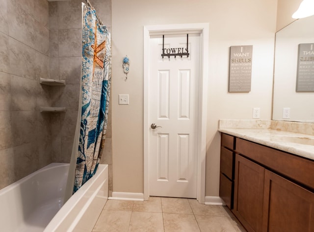 full bath with baseboards, shower / tub combo with curtain, vanity, and tile patterned flooring