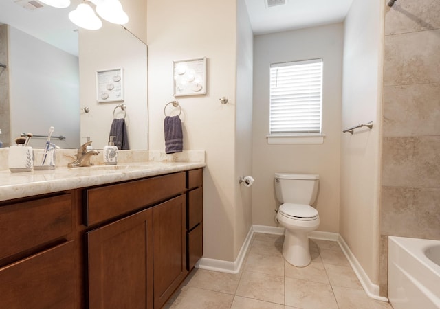 bathroom with tile patterned flooring, visible vents, baseboards, toilet, and vanity