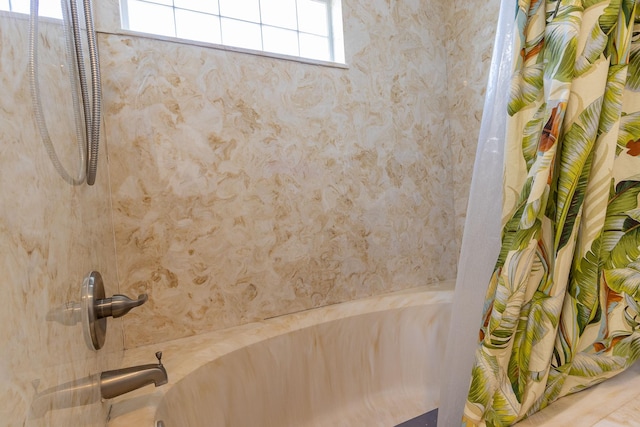 full bath featuring shower / bathtub combination with curtain