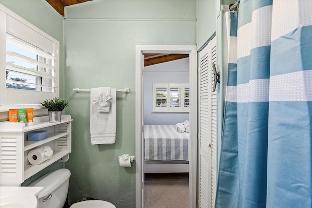 ensuite bathroom with connected bathroom, toilet, and vaulted ceiling