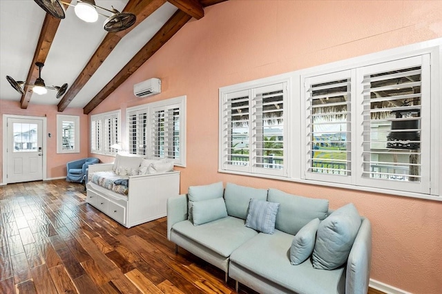 living room with baseboards, a wall mounted AC, lofted ceiling with beams, dark wood-style flooring, and ceiling fan