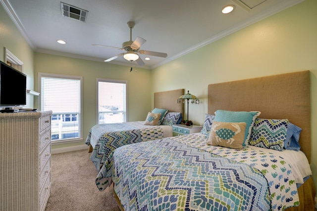 carpeted bedroom featuring visible vents, recessed lighting, ceiling fan, and ornamental molding