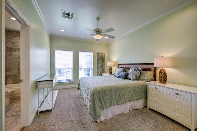 carpeted bedroom with visible vents, a textured ceiling, recessed lighting, crown molding, and baseboards