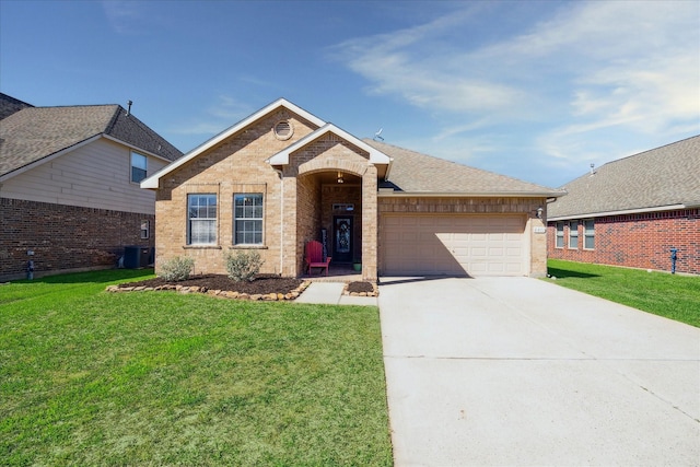 ranch-style home with a front yard, a garage, brick siding, and driveway