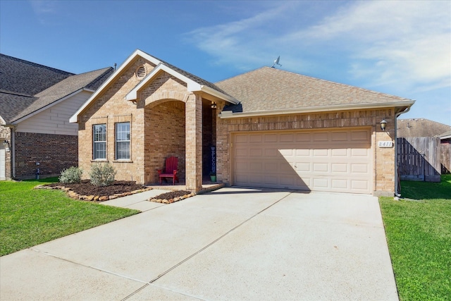 ranch-style house with brick siding, concrete driveway, a garage, and roof with shingles