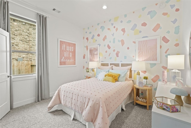 bedroom featuring carpet, visible vents, baseboards, wallpapered walls, and recessed lighting