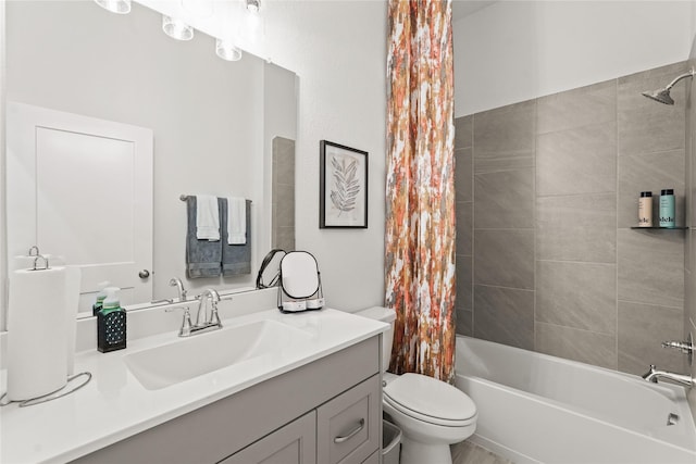 full bath featuring toilet, vanity, and shower / bathtub combination with curtain