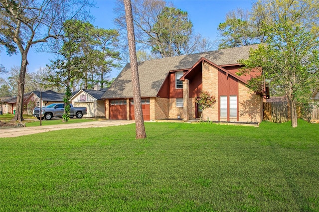 mid-century inspired home featuring a front yard, fence, an attached garage, concrete driveway, and brick siding