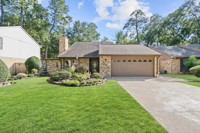 3130 Glade Springs Dr, Houston, TX 77339 - view of front of home featuring concrete driveway, a front yard, an attached garage, brick siding, and a chimney