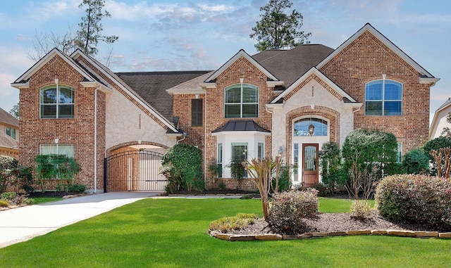 french country style house featuring brick siding, concrete driveway, a front lawn, and a gate