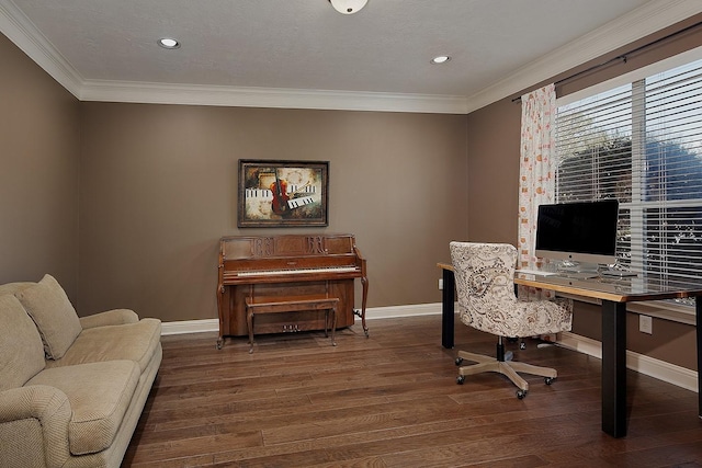 office space with baseboards, wood finished floors, and crown molding