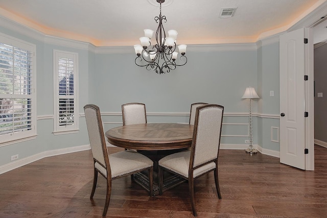 dining area featuring visible vents, baseboards, and dark wood-style flooring