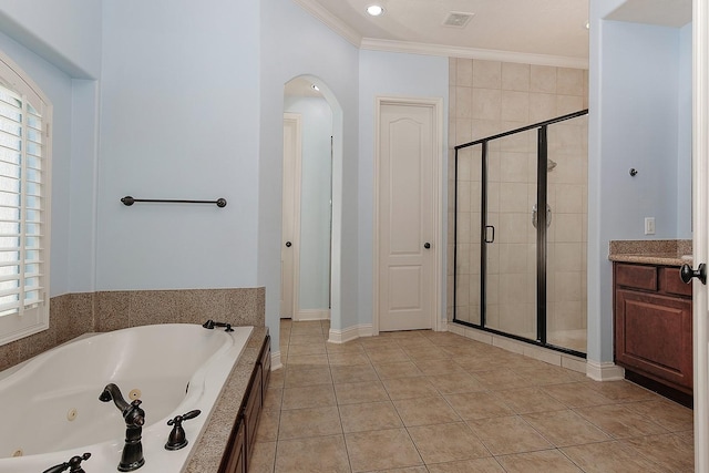 full bath featuring crown molding, visible vents, a stall shower, and a tub with jets