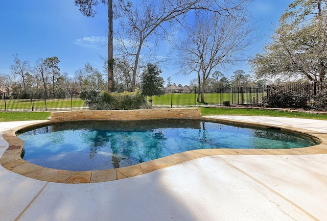 view of pool featuring a patio, a fenced backyard, and a fenced in pool