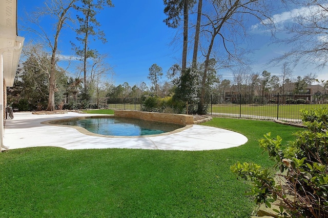 view of pool featuring a fenced in pool, a lawn, a fenced backyard, and a patio area