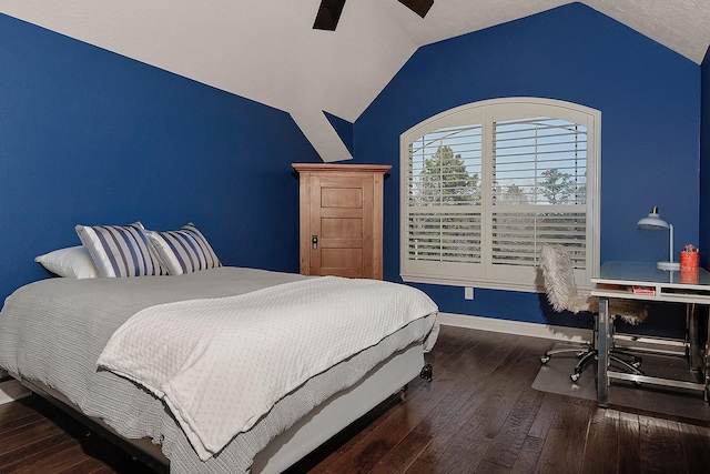 bedroom featuring lofted ceiling, hardwood / wood-style flooring, baseboards, and ceiling fan