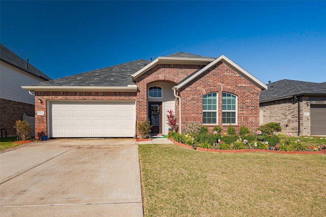 ranch-style home with a garage, brick siding, concrete driveway, and a front yard