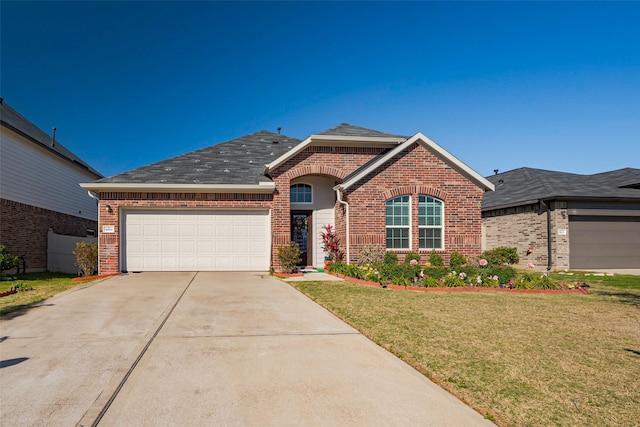 ranch-style home with a front lawn, driveway, roof with shingles, an attached garage, and brick siding