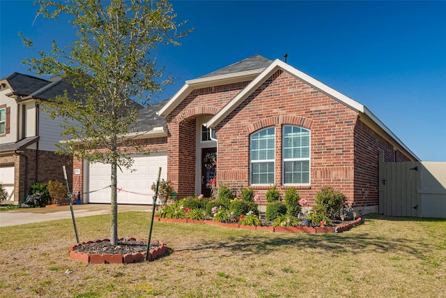 view of front of home featuring concrete driveway, an attached garage, brick siding, and a front yard