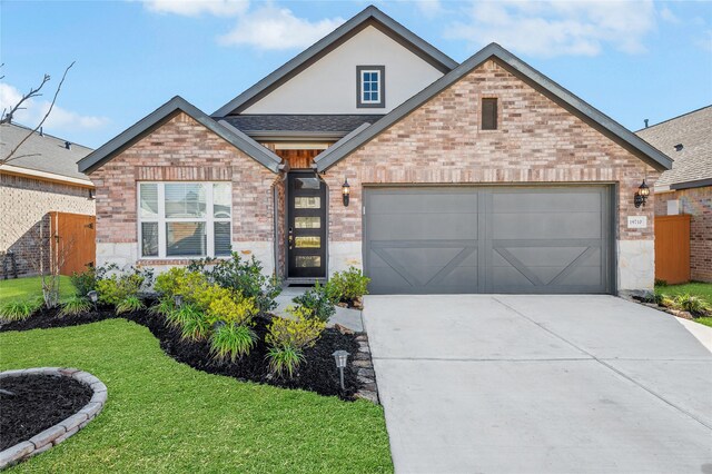 19710 Chianti Point Dr, Hockley, TX 77447 - view of front facade with brick siding, concrete driveway, a front lawn, a garage, and roof with shingles