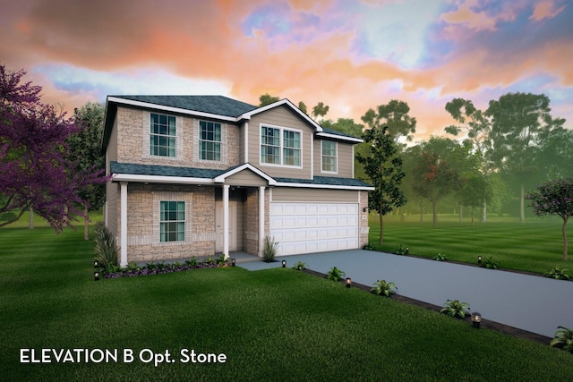 view of front facade featuring a front yard, an attached garage, stone siding, and driveway